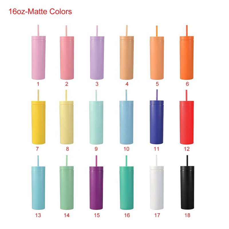 Factory Wholesale Customized 16oz Skinny Straight Tumbler Matte Colors Double Walled Plastic Water Cups 16 oz with Lid and Straw