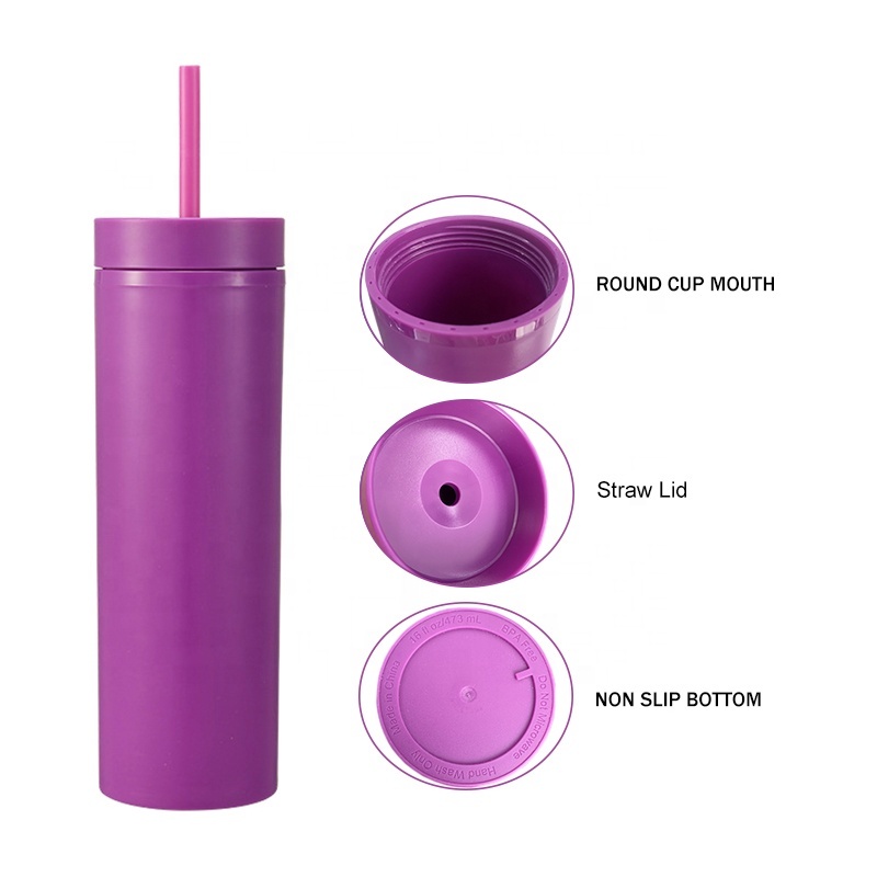 Factory Wholesale Customized 16oz Skinny Straight Tumbler Matte Colors Double Walled Plastic Water Cups 16 oz with Lid and Straw
