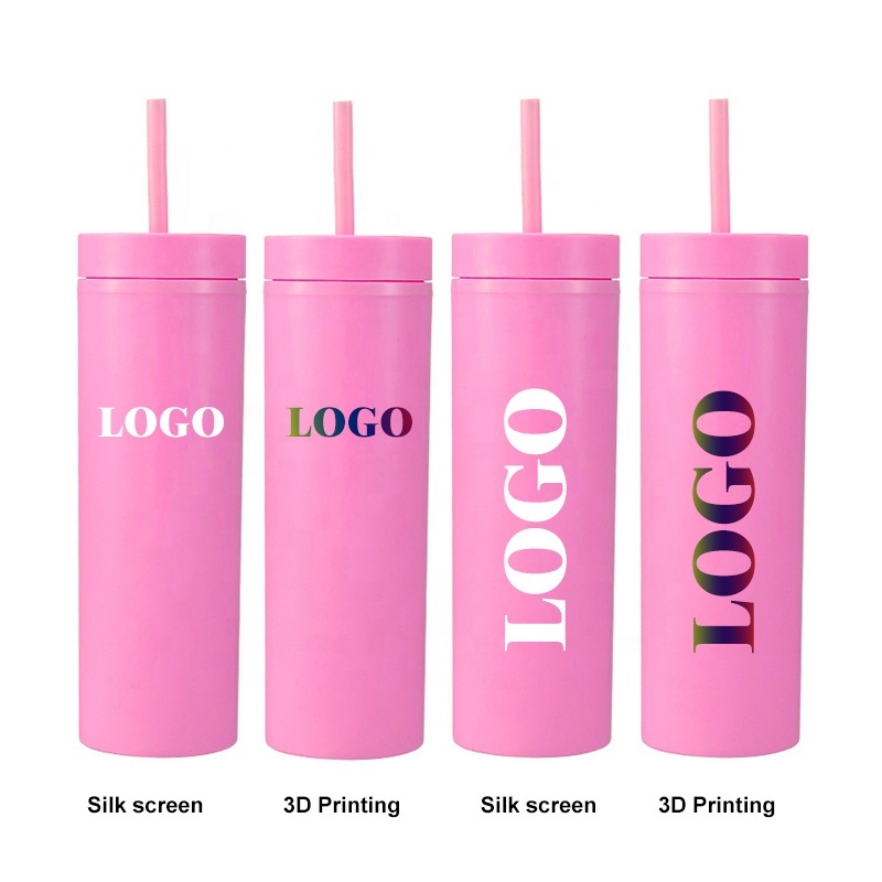 Factory Wholesale Customized 16oz Skinny Straight Tumbler Matte Colors Double Walled Plastic Water Cups 16 oz with Lid and Straw