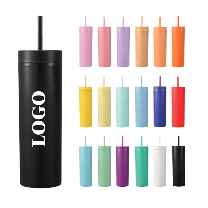 Factory Wholesale Customized 16oz Skinny Straight Tumbler Matte Colors Double Walled Plastic Water Cups 16 oz with Lid and Straw