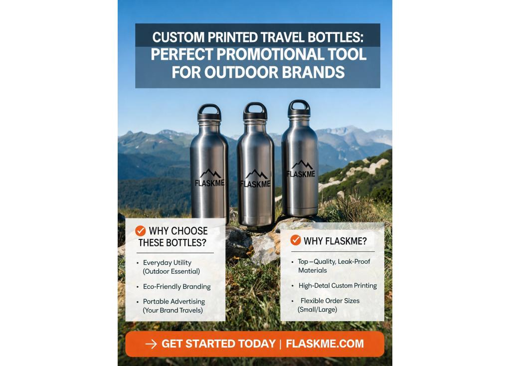 Custom printed travel bottles for outdoor brand promotional merchandise.