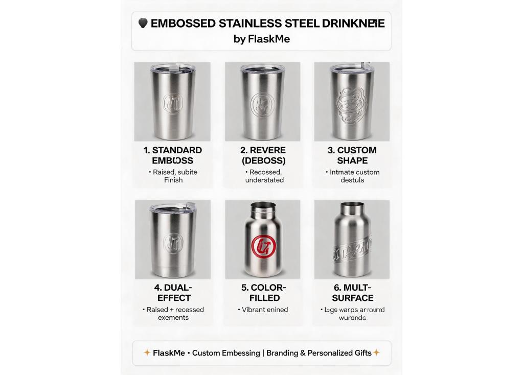 What are the options for embossed logos on stainless steel drinkware?