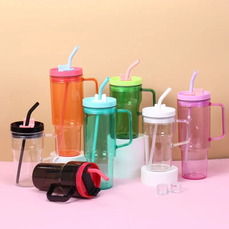 40oz ECO friendly products plastic cup clear colored Acrylic tumbler beer mugs mason jars with handle and colored lids