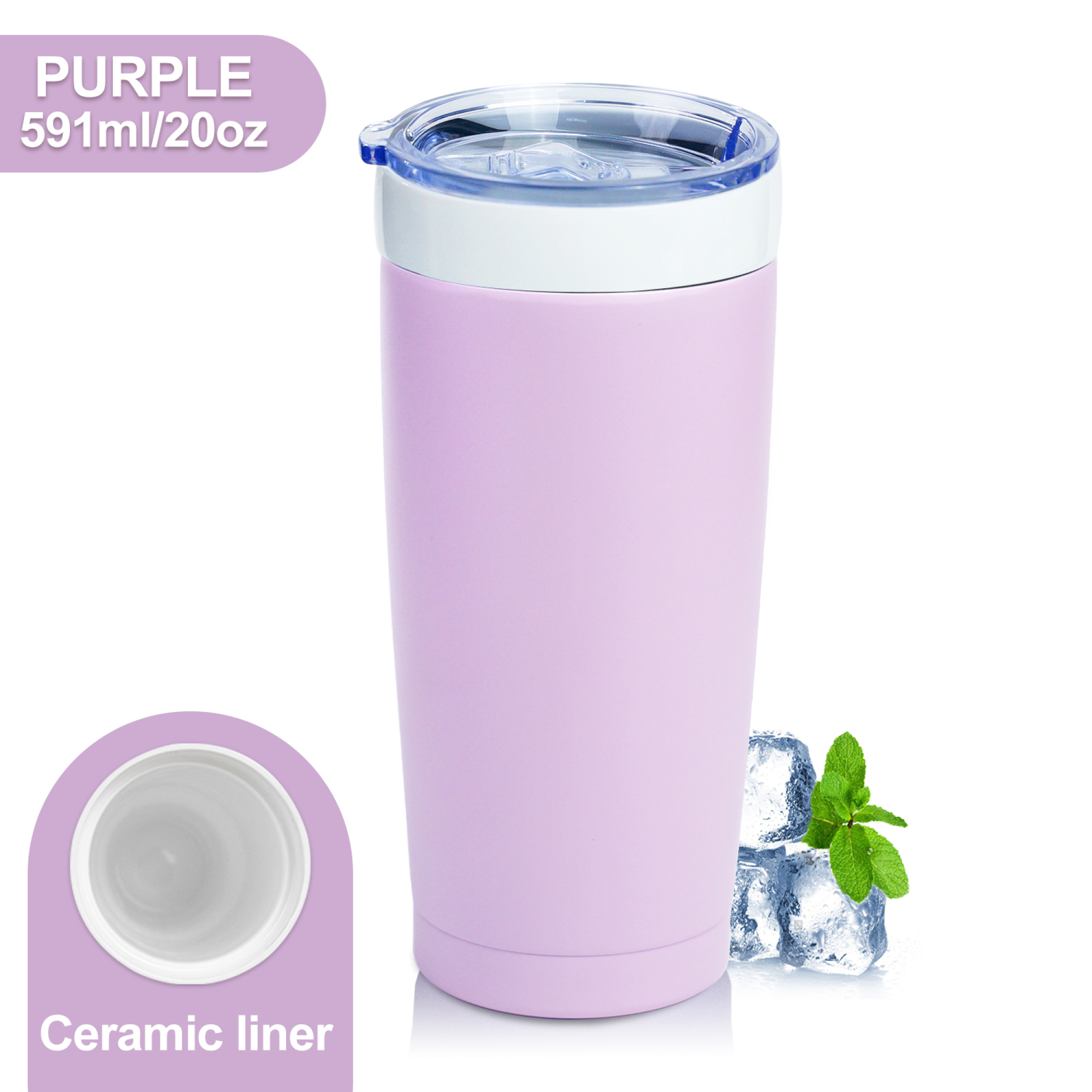 2-in-1 Detachable insulated 18oz/530ml Ceramic Insulated tumbler with slide lid