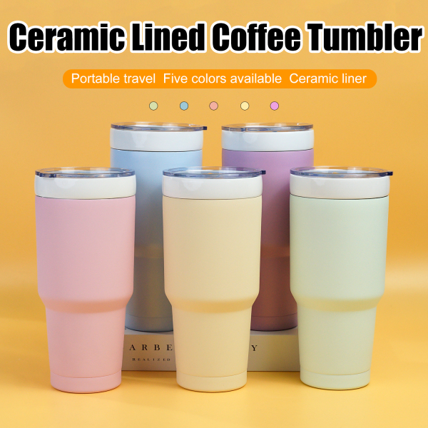 2-in-1 Detachable insulated 30oz/887ml Ceramic Insulated tumbler with slide lid