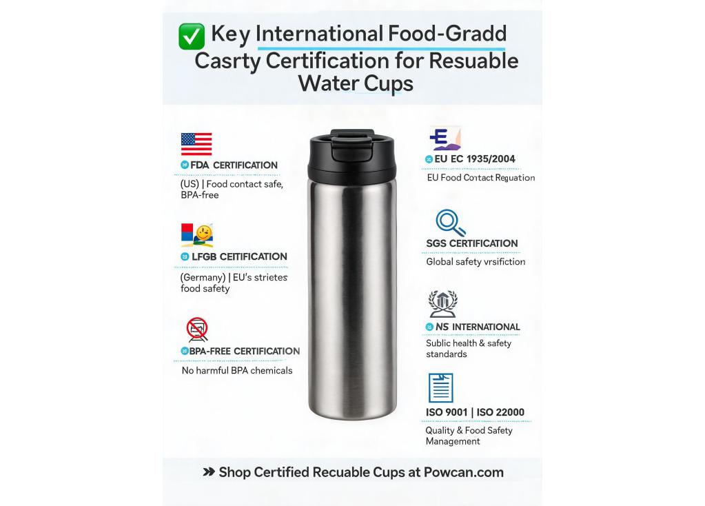 What are the key international food-grade safety certifications for reusable water cups?