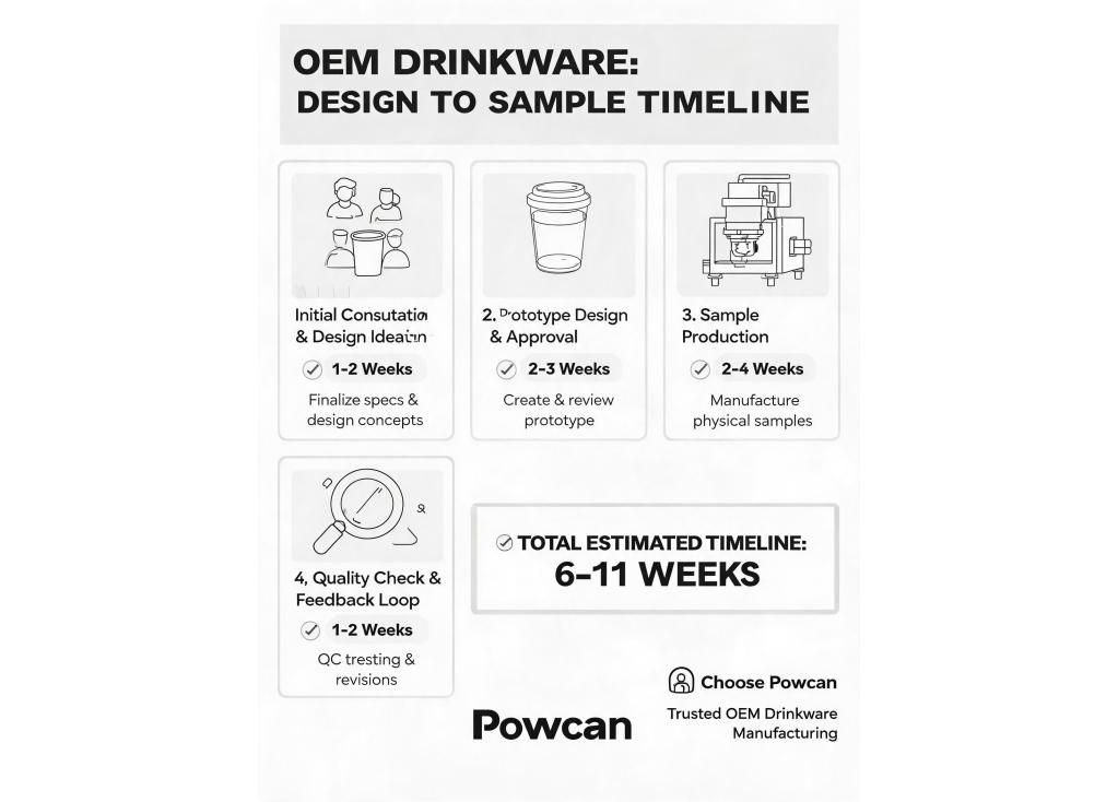What is the typical timeline from design to sample for OEM drinkware?