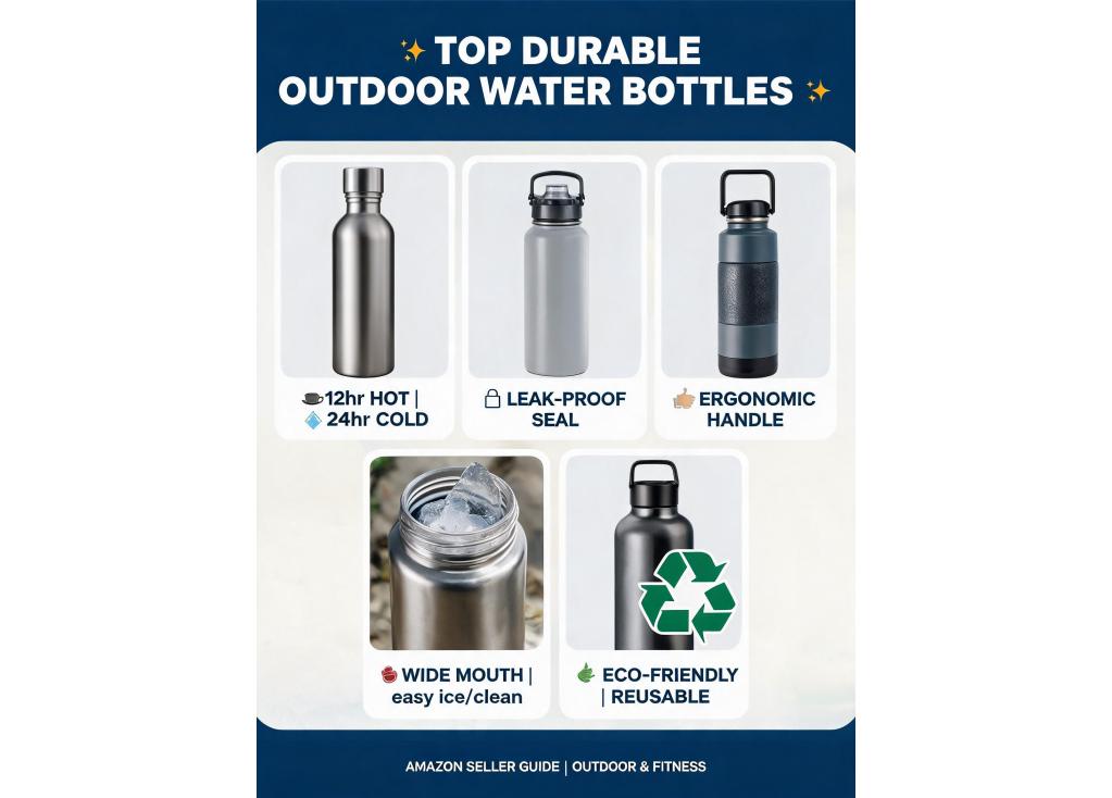 What are the popular designs and features in durable outdoor water bottles for e-commerce sellers on Amazon?