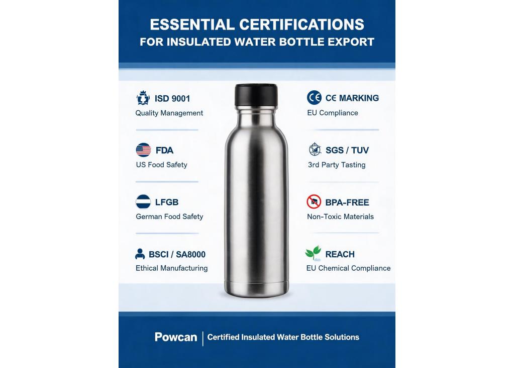 What certifications should a quality insulated water bottle factory have for international export?