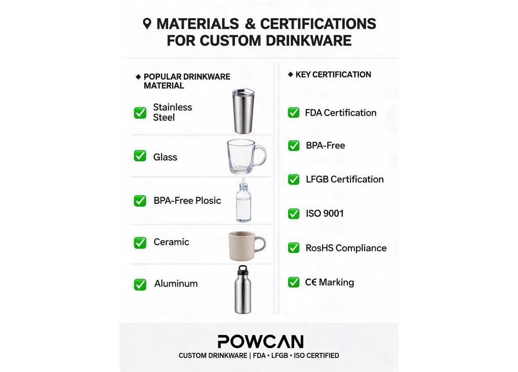 What materials and certifications are available for custom drinkware production?