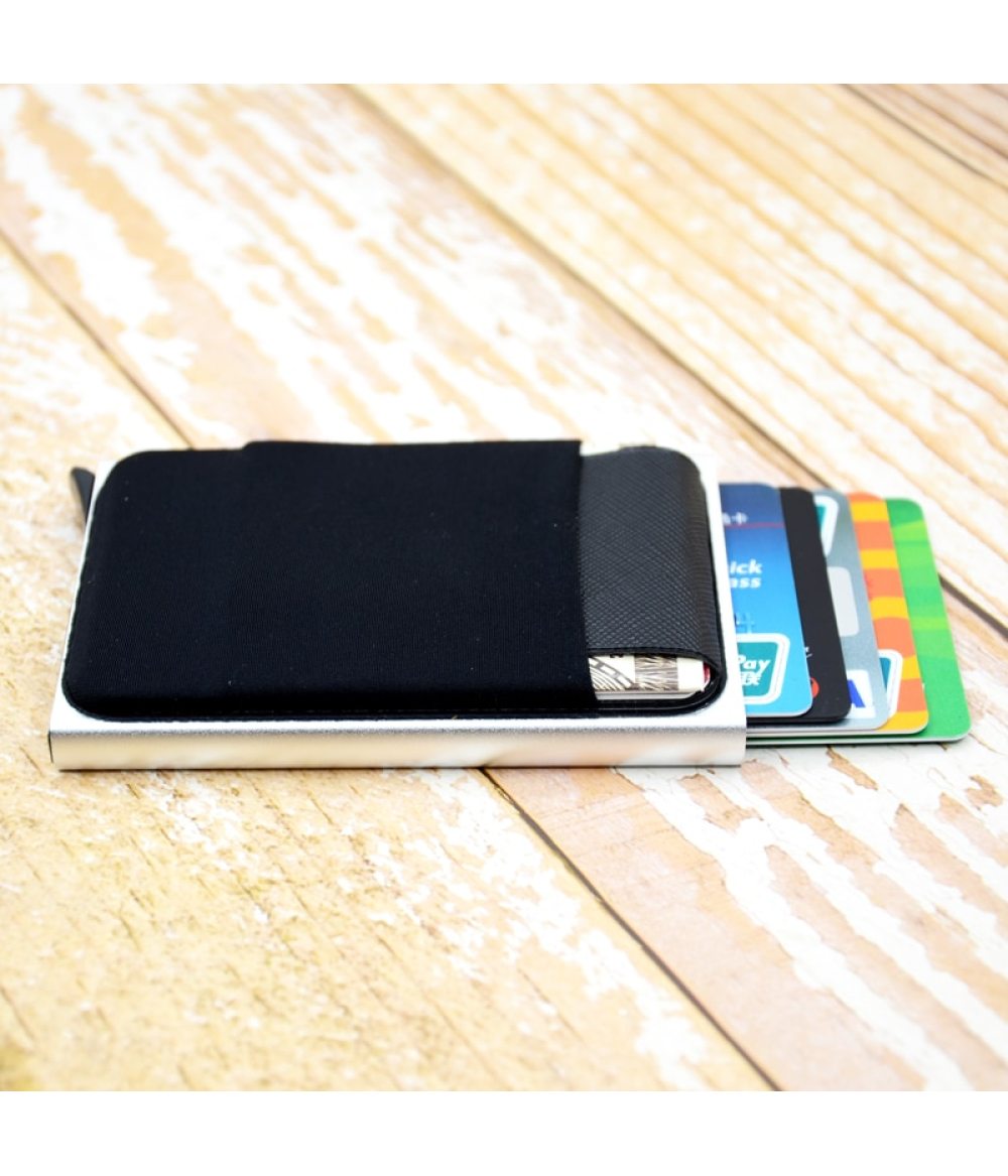 YUECIMIE Slim Aluminum Wallet With Elasticity Back Pouch ID Credit Card Holder Mini RFID Wallet Automatic Pop up Bank Card Case