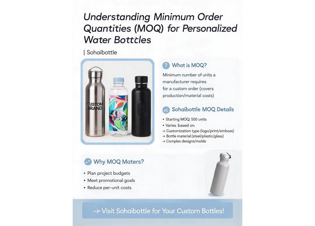 What are the minimum order quantities (MOQ) for personalized water bottles with custom colors and prints?