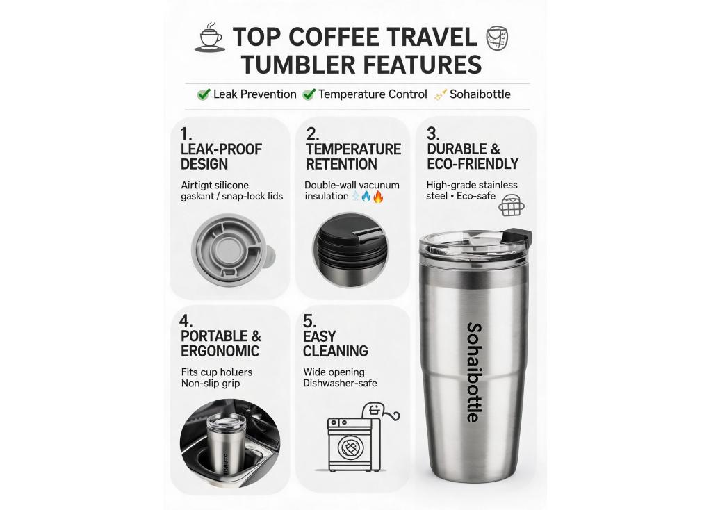 Which features are most important for a coffee travel tumbler to prevent leaks and maintain temperature during commuting?