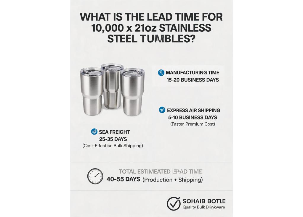What is the standard lead time for an order of 10,000 units of 21oz stainless steel tumblers, including shipping?