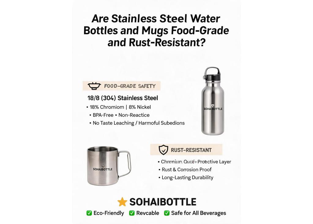 Are the materials used in stainless steel water bottles and mugs food-grade and rust-resistant?