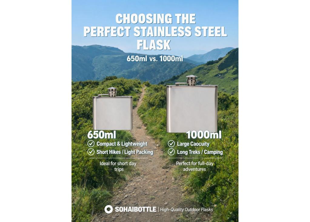 What capacity (e.g., 650ml vs 1000ml) is most popular for a stainless steel flask intended for hiking and outdoor activities?