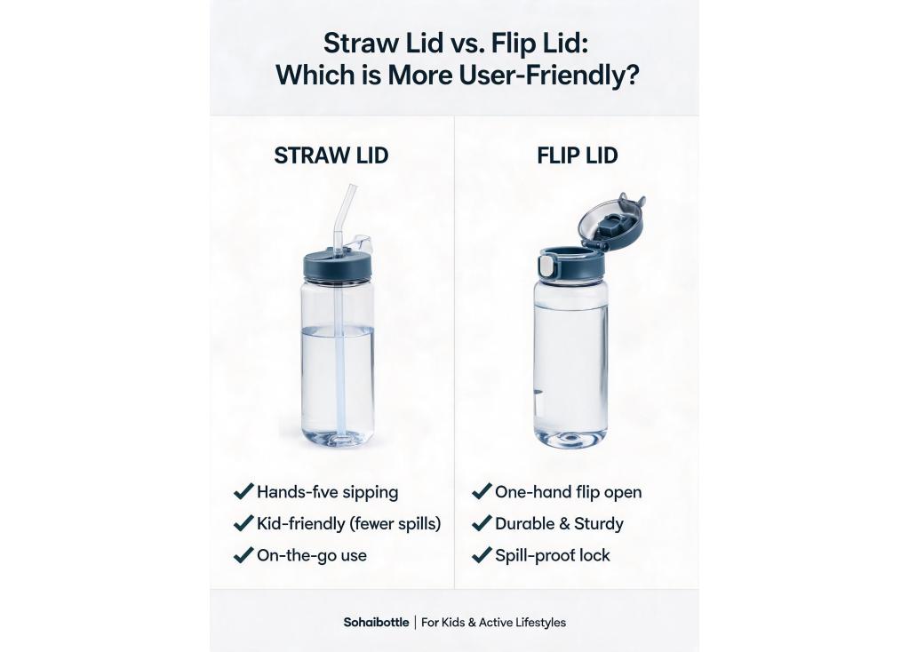 Is a straw lid or a flip lid more user-friendly for a hydration bottle designed for children or active lifestyles?