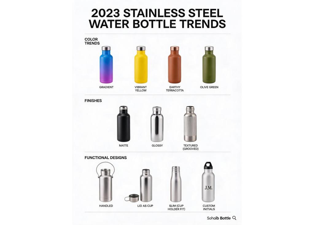What are the current trends in colors, finishes, and designs for stainless steel water bottles in the retail market?