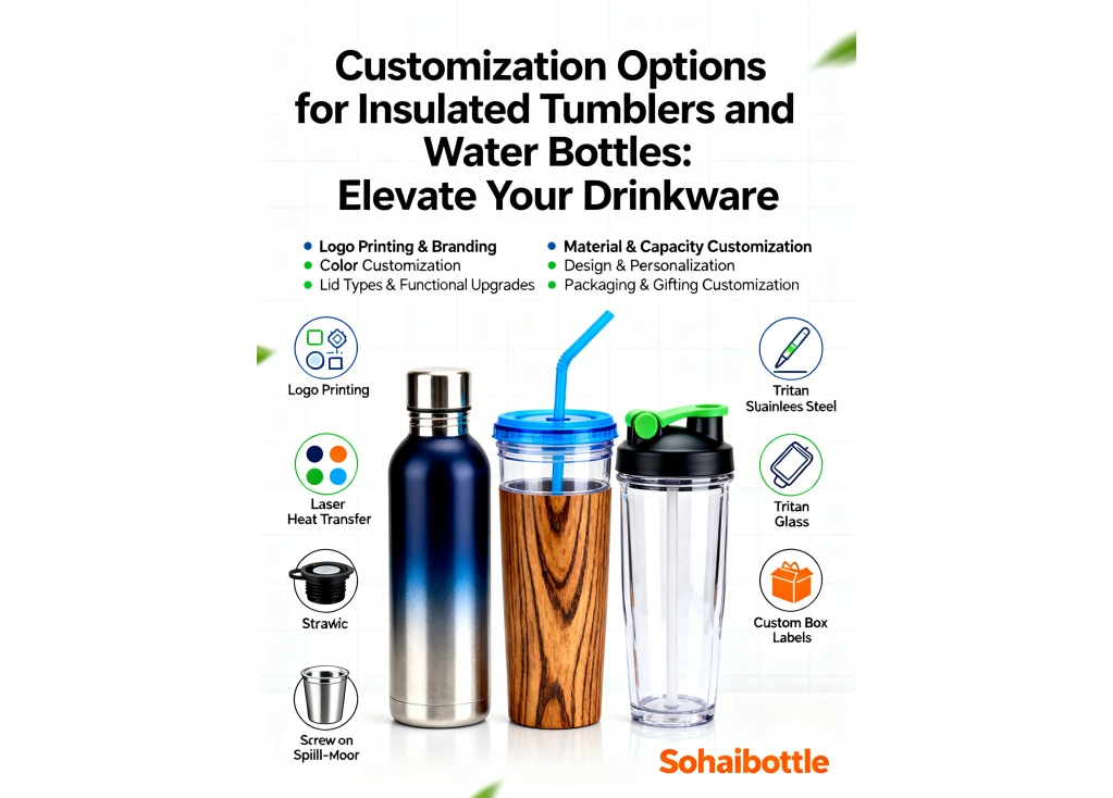 What are the common customization options available for insulated tumblers and water bottles (e.g., logo printing, color, lid types)?