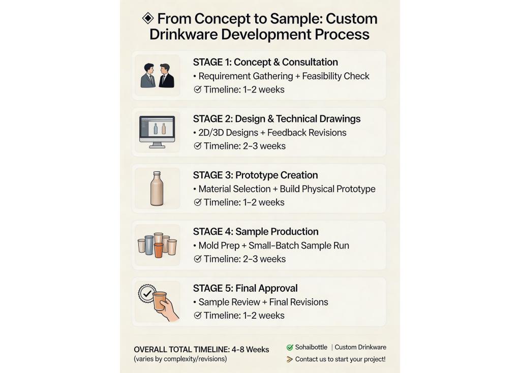 What is the process and timeline for developing a custom drinkware product from concept to sample?