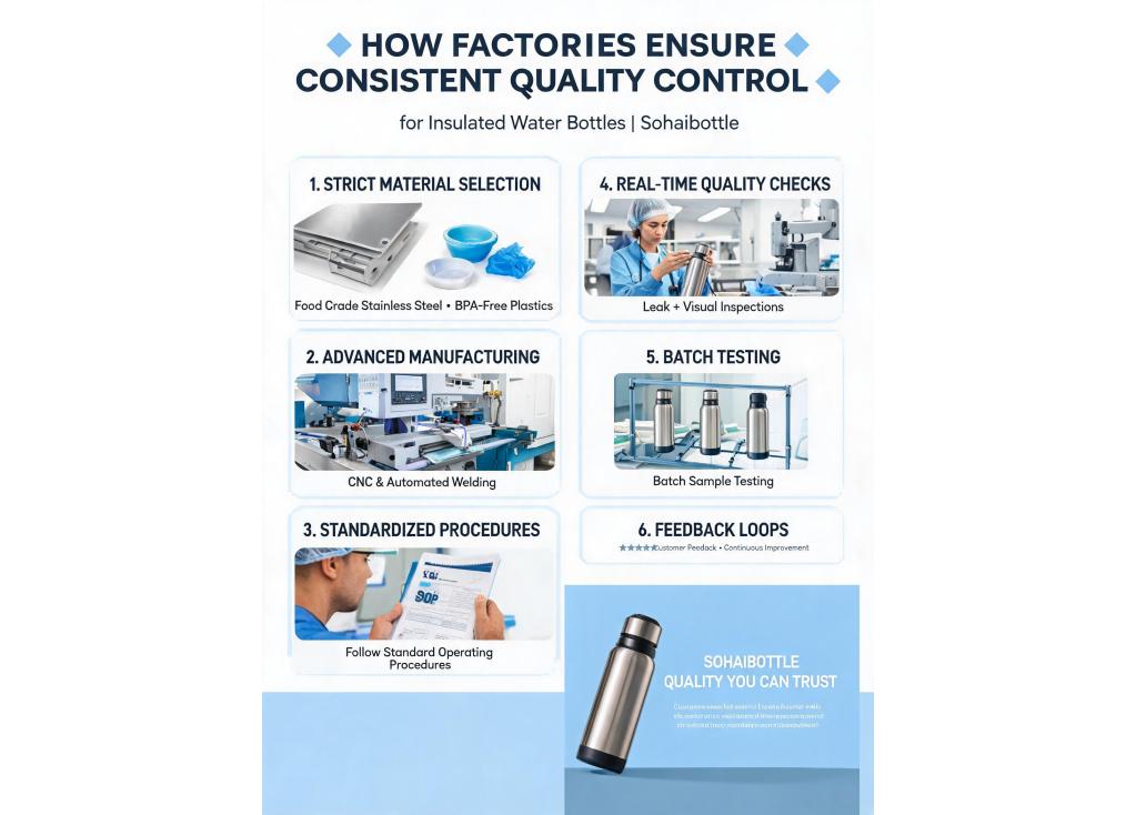 How does a factory ensure consistent quality control across large production runs of insulated water bottles?
