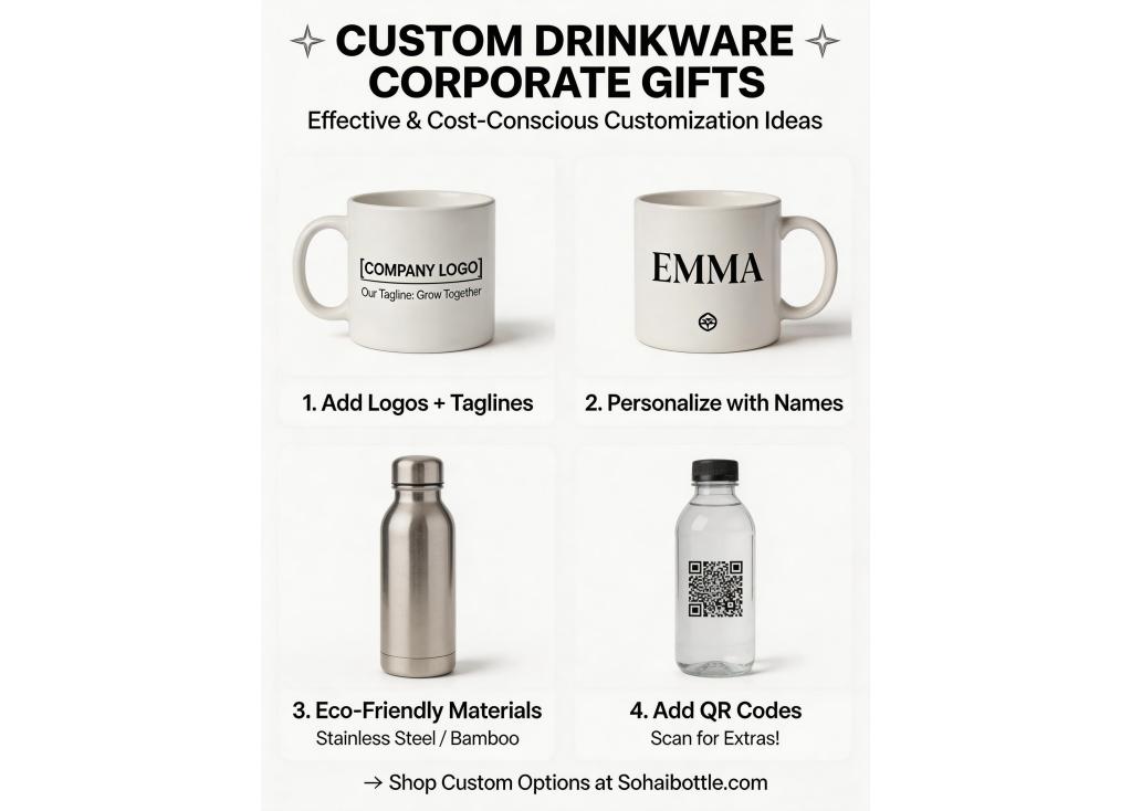 For a corporate gift program, what are some effective and cost-conscious customization ideas for drinkware?