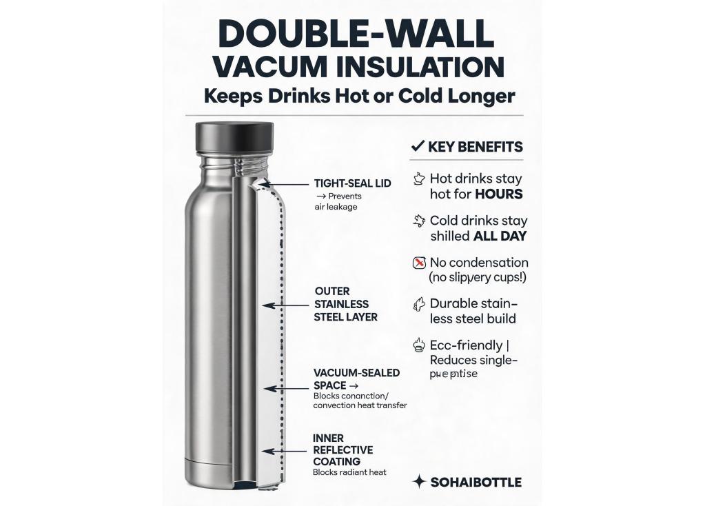 How does double-wall vacuum insulation technology work to keep drinks hot or cold for longer periods?