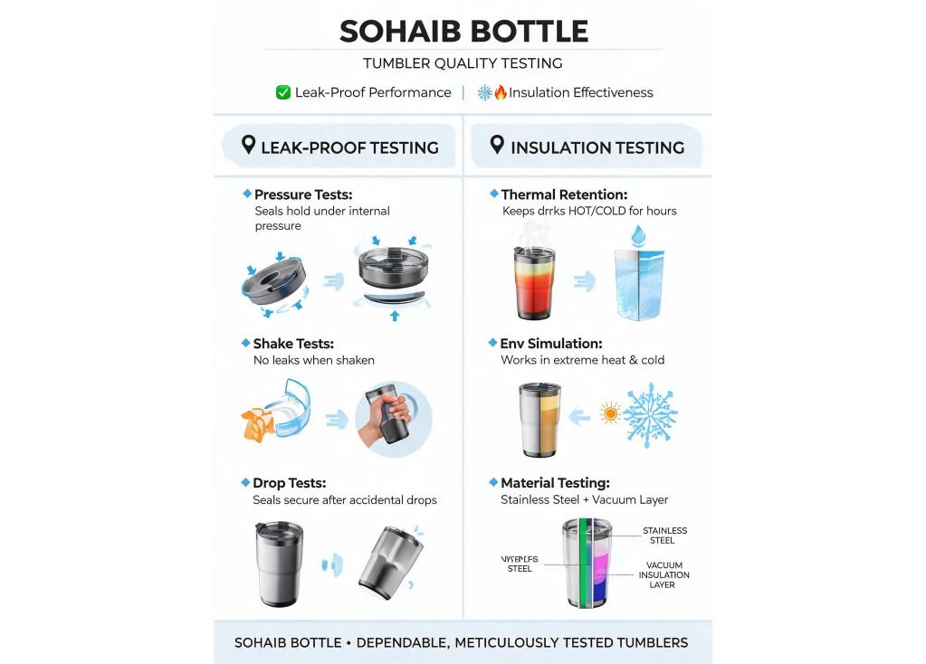What testing procedures are in place for leak-proof performance and insulation effectiveness of tumblers?