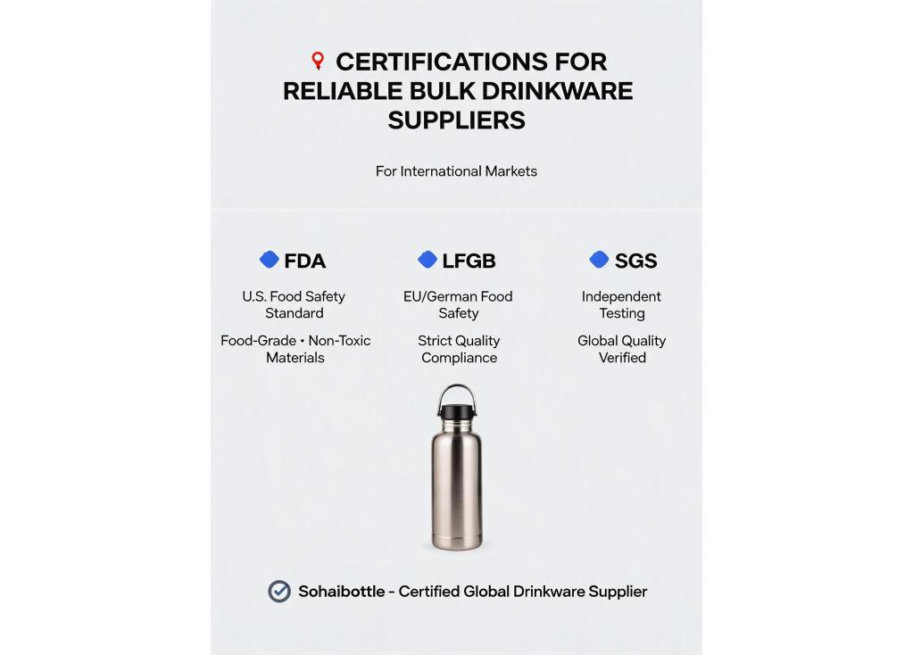 What certifications (e.g., FDA, LFGB, SGS) should a reliable bulk drinkware supplier have for international markets?