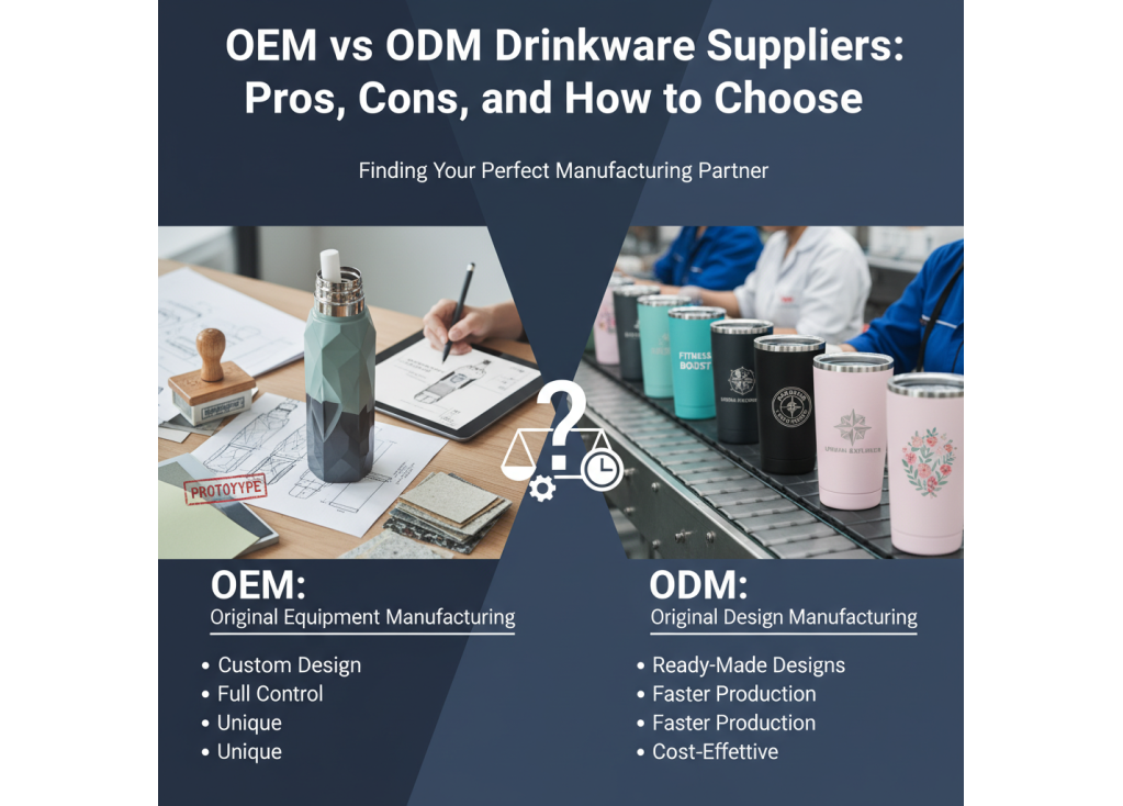 What are the advantages and disadvantages of working with an OEM versus an ODM drinkware supplier?