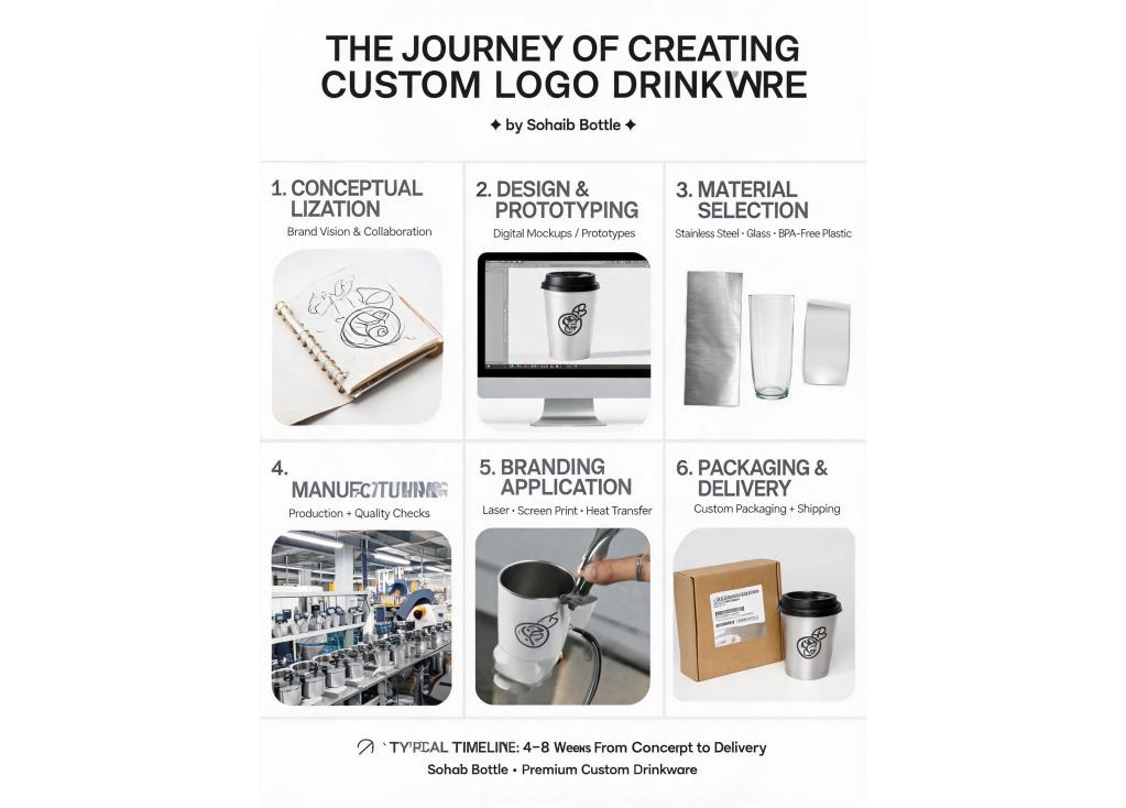 What is the typical process and timeline for developing a custom logo drinkware product from concept to production?