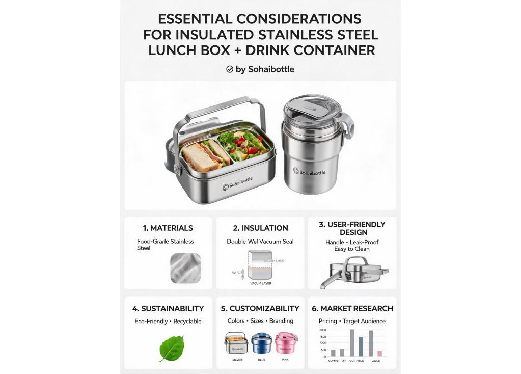What considerations are important when developing a new product like an insulated stainless steel lunch box combined with a drink container?