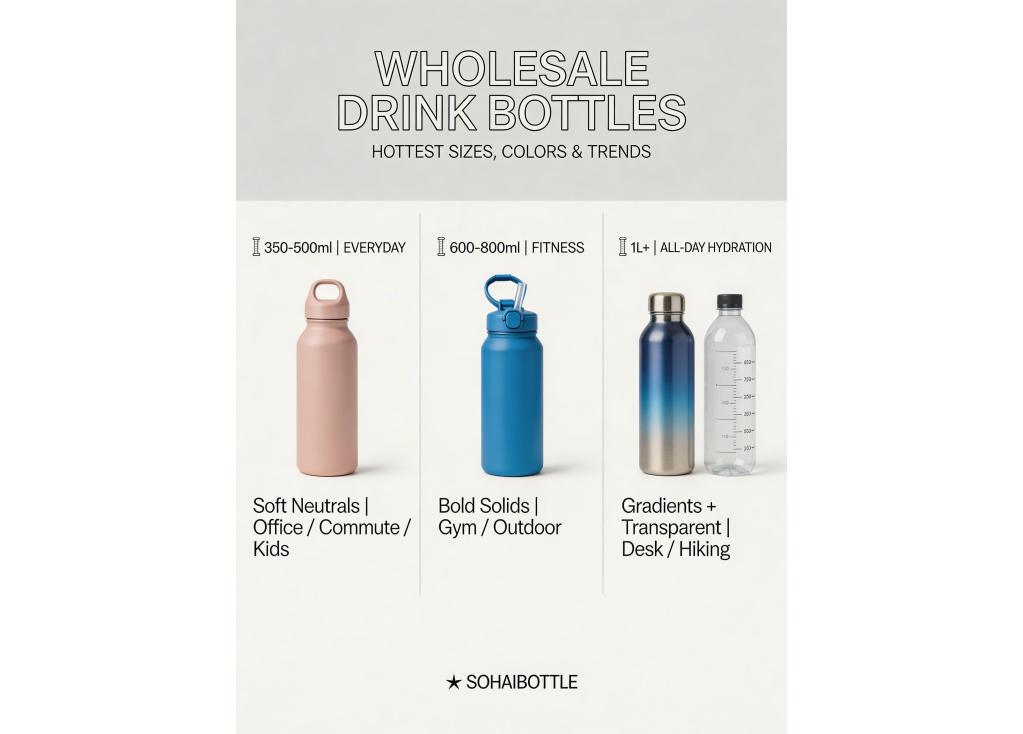 What are the popular sizes, capacities, and color trends for wholesale drink bottles this season?