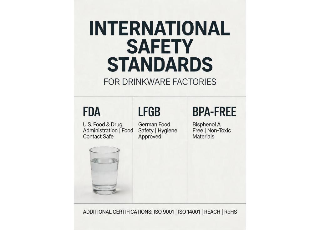 What international safety standards and certifications (e.g., FDA, LFGB, BPA-free) should a drinkware factory comply with?