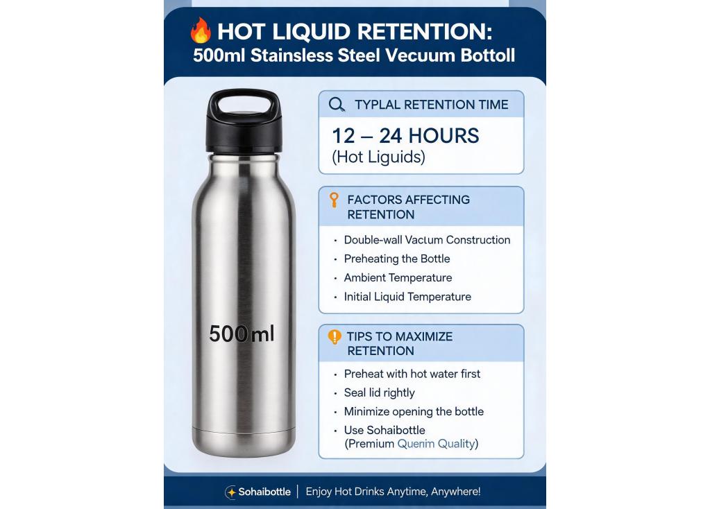 What is the typical vacuum insulation retention time for hot liquids in a 500ml stainless steel bottle?