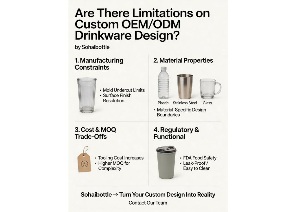 Are there limitations on design complexity for custom OEM or ODM drinkware projects?
