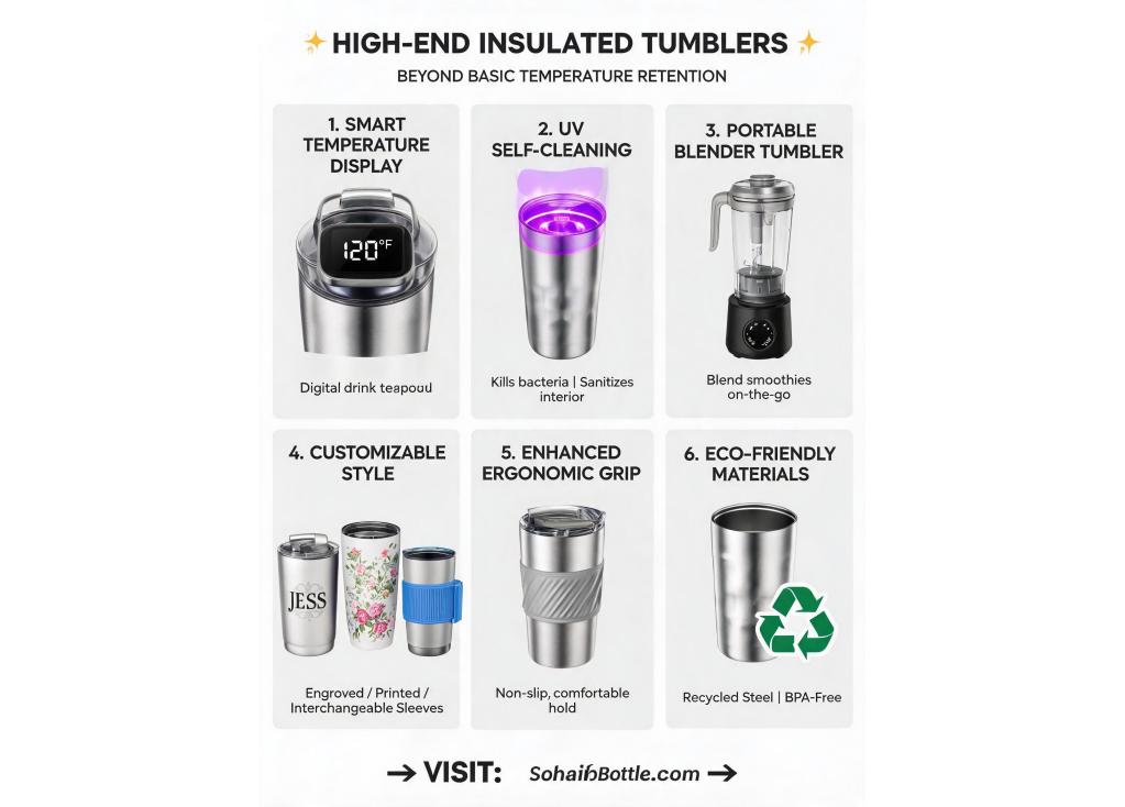 What innovative features are being incorporated into high-end insulated tumblers beyond basic temperature retention?