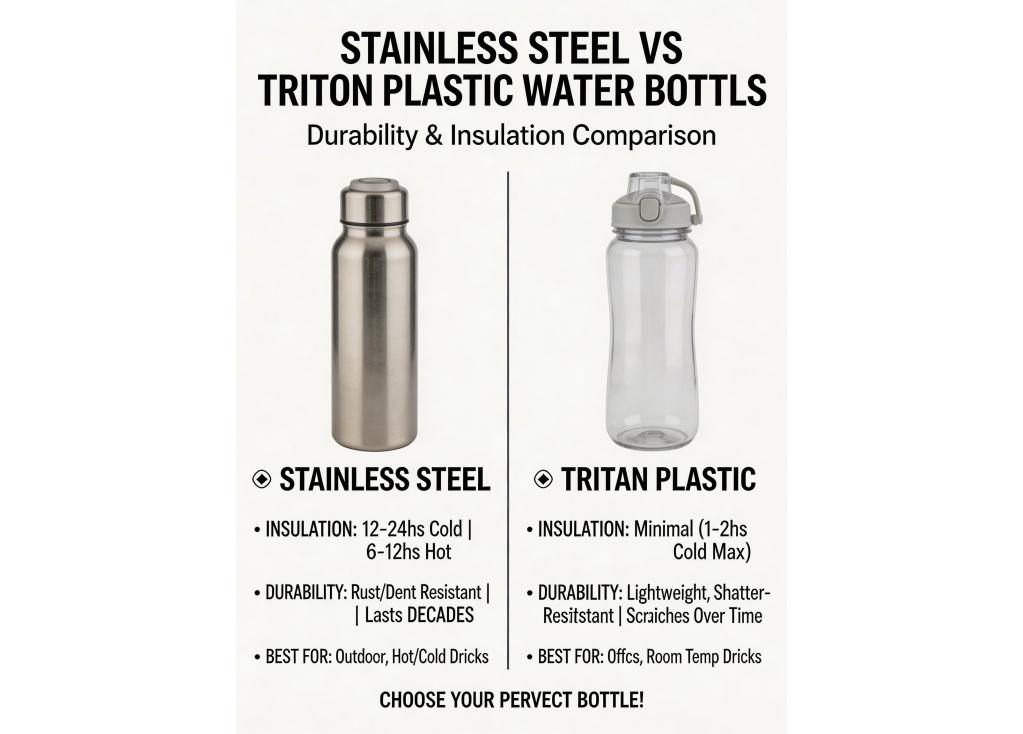 What are the main differences between stainless steel and Tritan plastic water bottles in terms of durability and insulation?