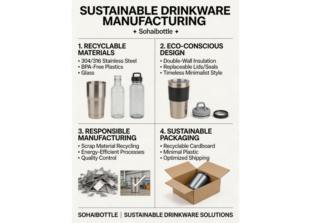 How are manufacturers addressing sustainability concerns in drinkware production (e.g., recyclable materials)?