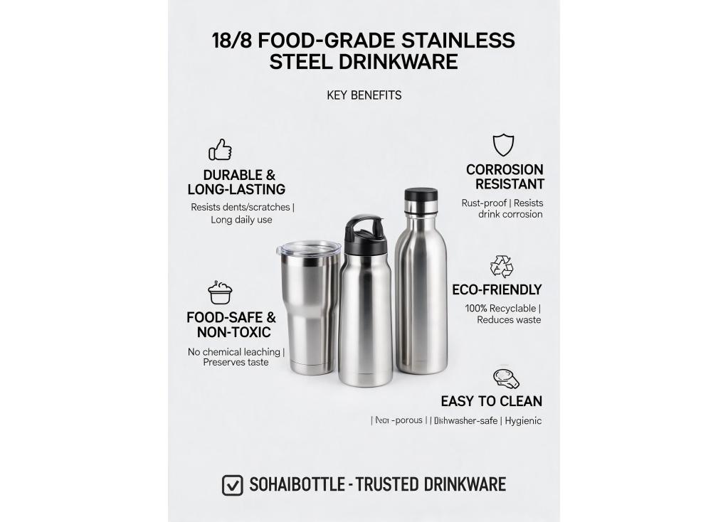 What are the advantages of using 18/8 food-grade stainless steel for drinkware manufacturing?