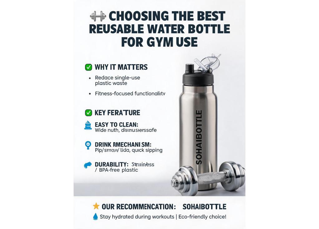What type of reusable water bottle is best suited for gym use, considering ease of cleaning and drink mechanism?