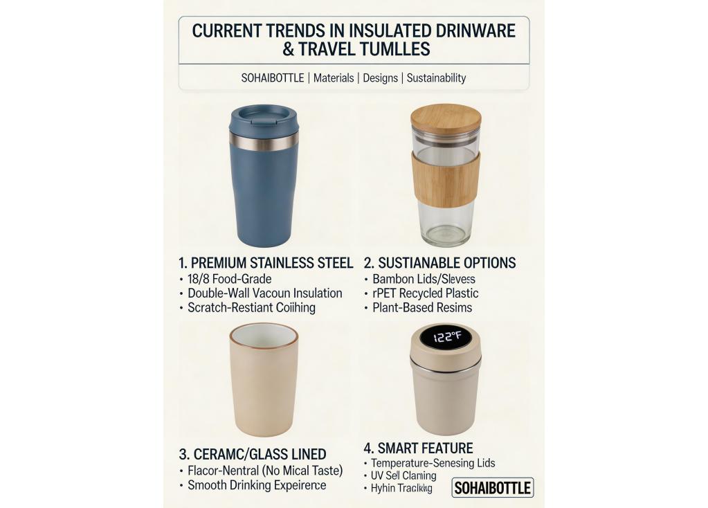 What are the current trends in materials and designs for insulated drinkware and travel tumblers?