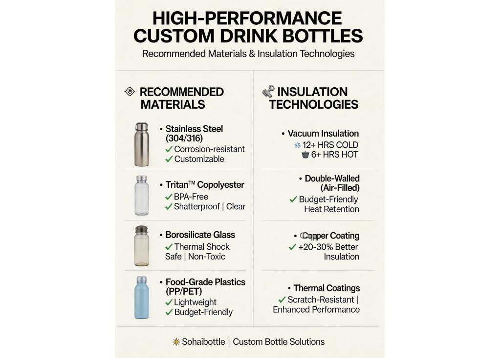 What materials and insulation technologies are recommended for creating high-performance custom drink bottles?