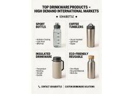 Which drinkware products (e.g., coffee tumblers, sport bottles) have the highest demand in international markets?
