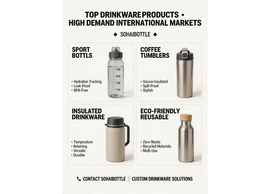 Which drinkware products (e.g., coffee tumblers, sport bottles) have the highest demand in international markets?