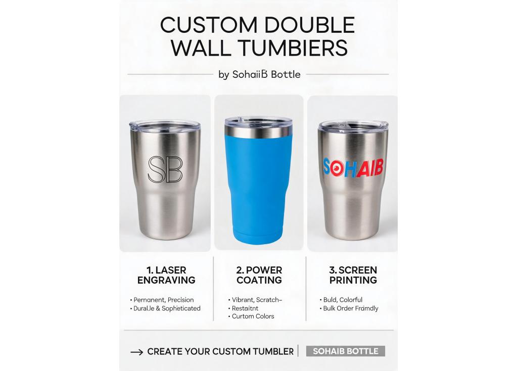 What customization options are available for double wall tumblers, such as laser engraving, powder coating, or screen printing?