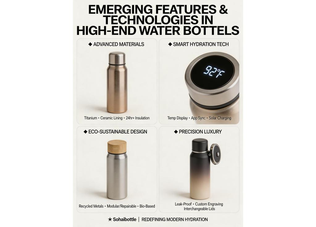 What new features or technologies are emerging in high-end water bottles and vacuum flasks?