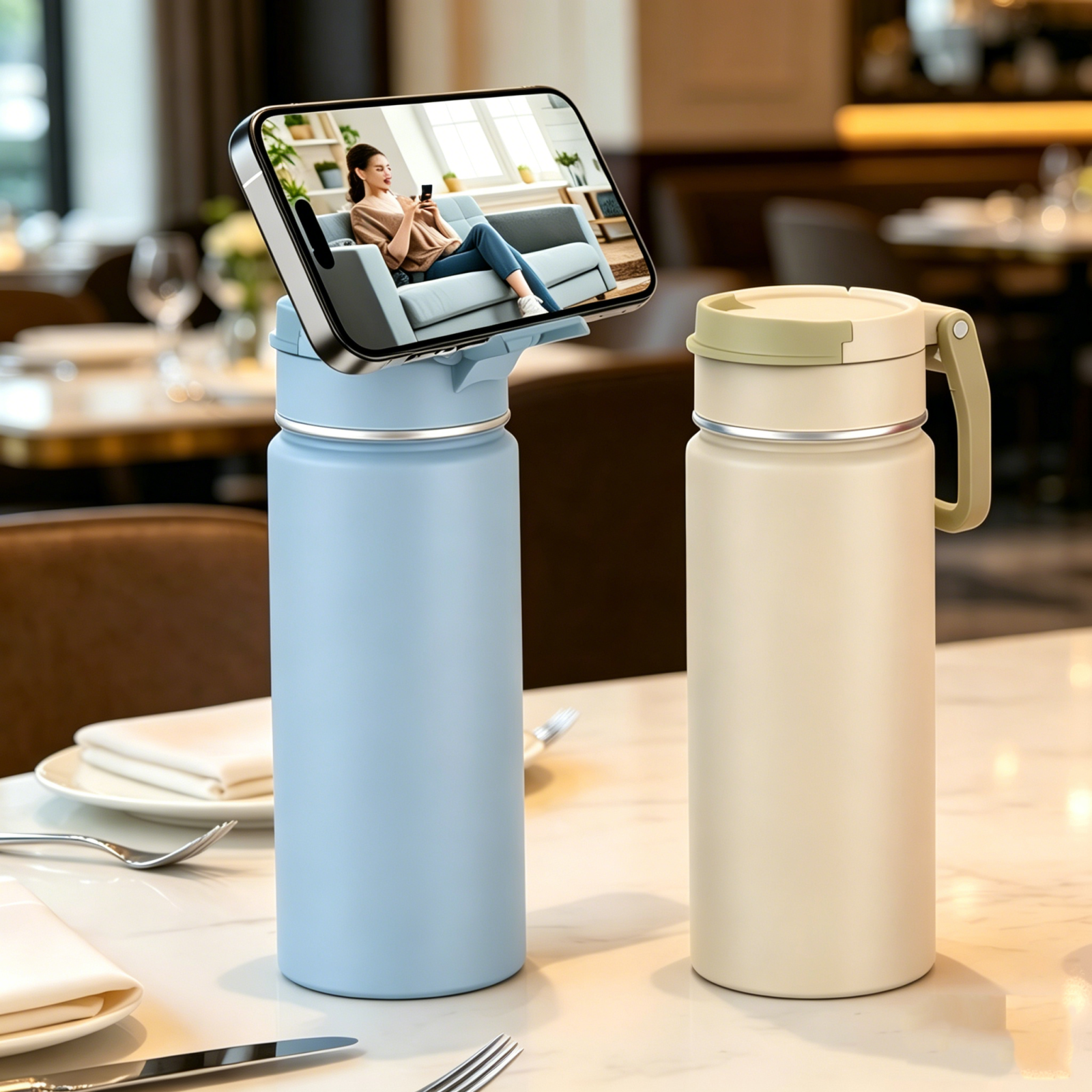 20oz Stainless Steel Bottle with Cellphone Holder Lid | Perfect Size Opening | Lightweight & Leak-Resistant| Insulated Stainless Steel
