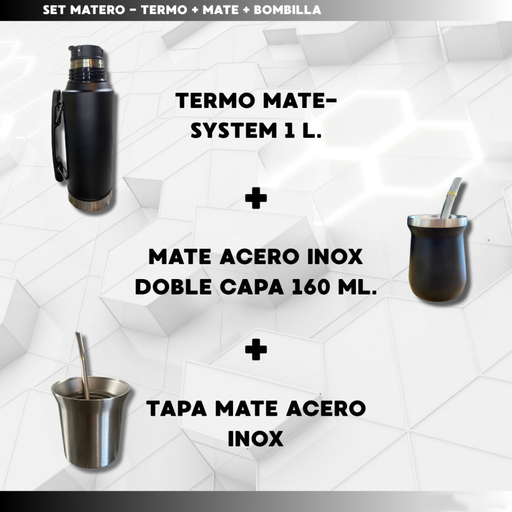 Credrink  Factory Direct wholesale Set Matero Mate System Termo 1L+Mate Termico+ Bombilla   kit -Negro