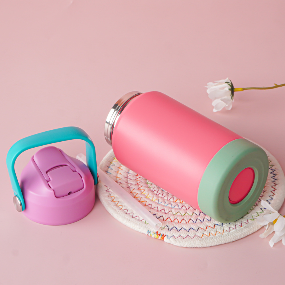 Credrink 12oz 어린이용 스테인리스 스틸 단열 누수 방지 보온병 손잡이 빨대 뚜껑 및 실리콘 부트, BPA 프리 남녀 공용 간편한 사용, 이중벽 진공